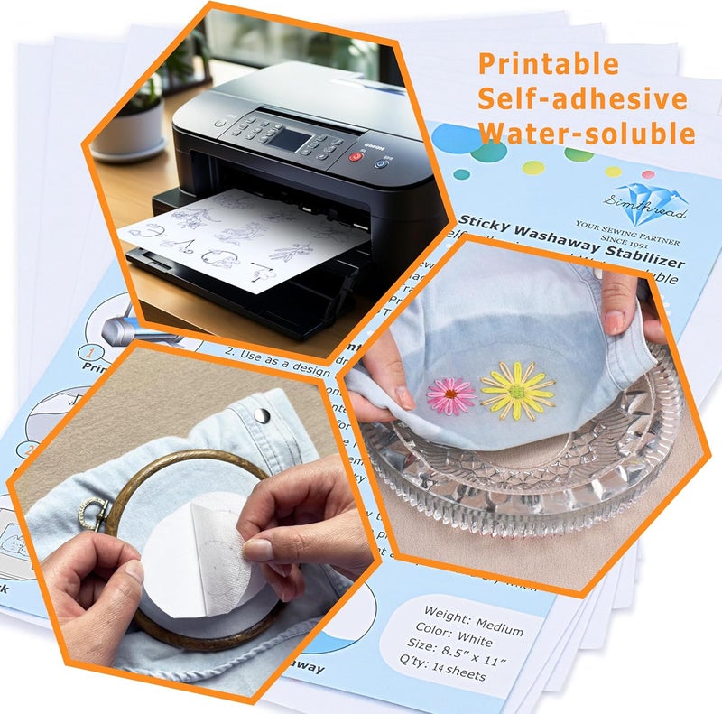 simthread Sticky Wash Away Embroidery Stabilizer Self-Adhesive Printable A4 Size Paper Stabilizer Medium Weight 1.4OZ 8.5" x 11" 14pcs / Pack - Image 3